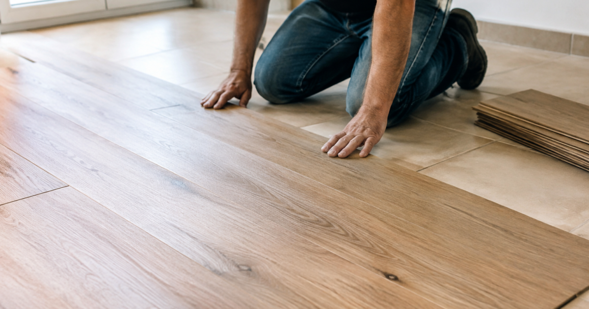 Lames parquet posees horizontalement sur carrelage beige