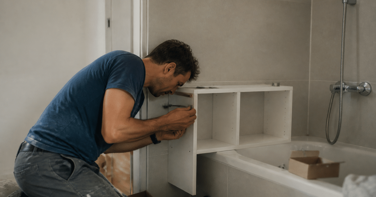 Personne construisant un meuble blanc fixe au mur salle bain