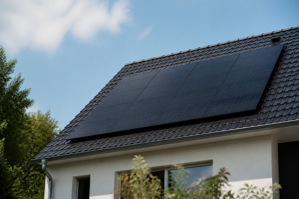 Panneaux solaires noirs inclines sur toit residence