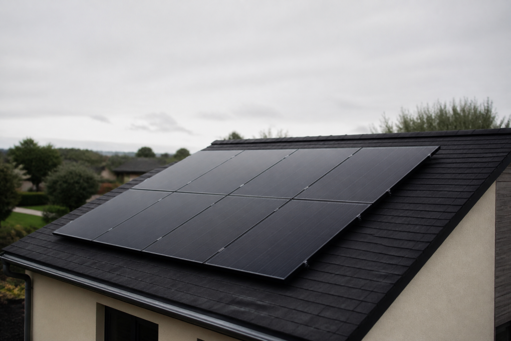 Toiture couverte de panneaux solaires noirs brillants