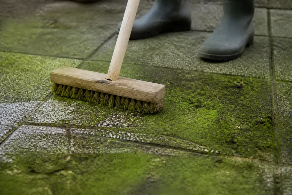 Brosse rigide sur dalles grises couvertes de mousse