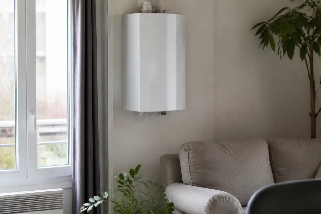 Chaudiere electrique blanche fixee sur mur de salon