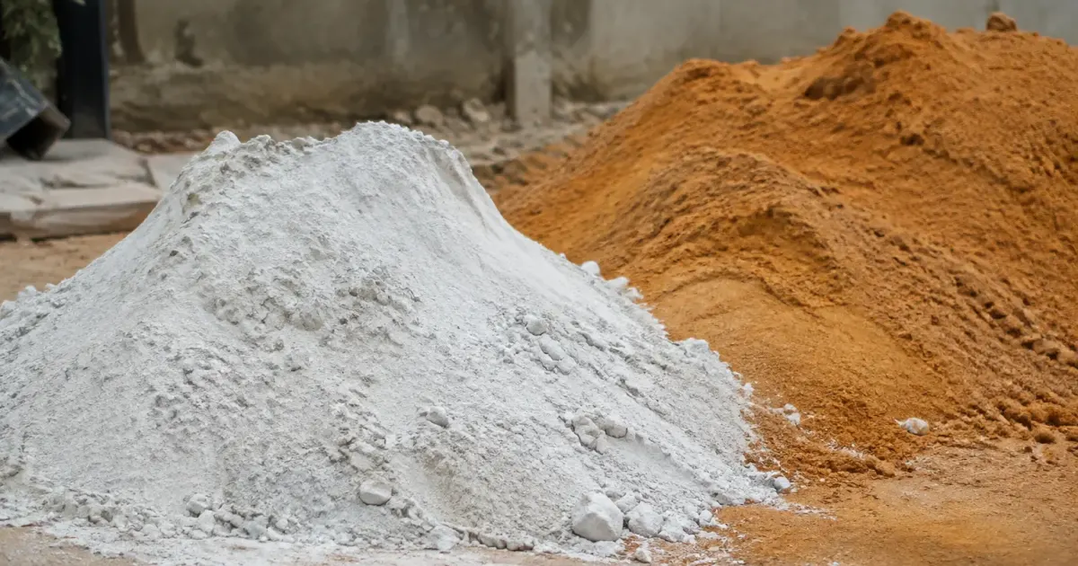 Ciment blanc en tas pres du sable orange