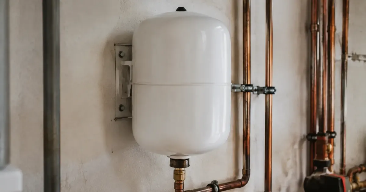 Cuve metallique blanche fixee au mur pres tuyauterie cuivre
