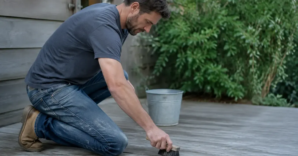 Homme agenouille brosse des planches de bois grises
