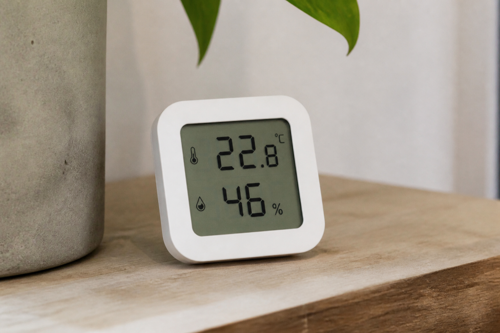 Hygrometre numerique blanc affichant temperature pourcentage