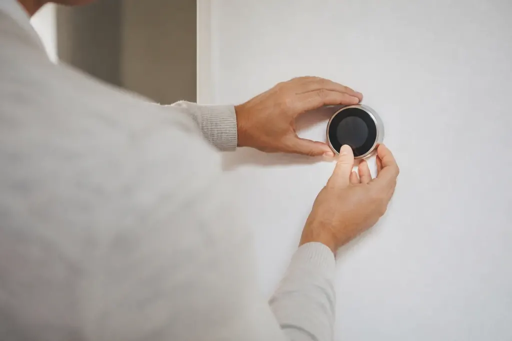 Main ajustant un cadran numerique sur mur blanc