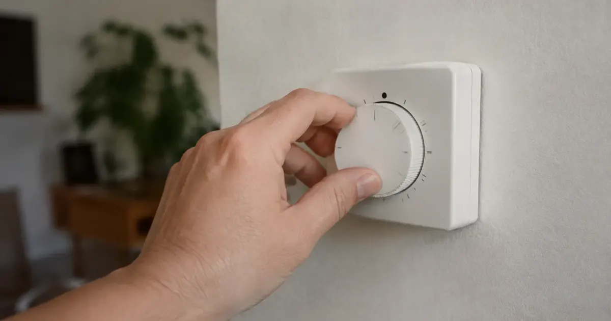 Une main tourne le cadran du thermostat mural blanc