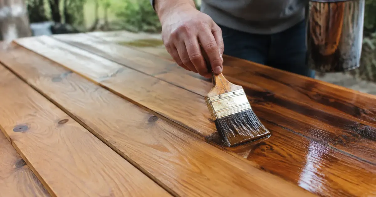 Mains appliquant huile liquide sur planches bois