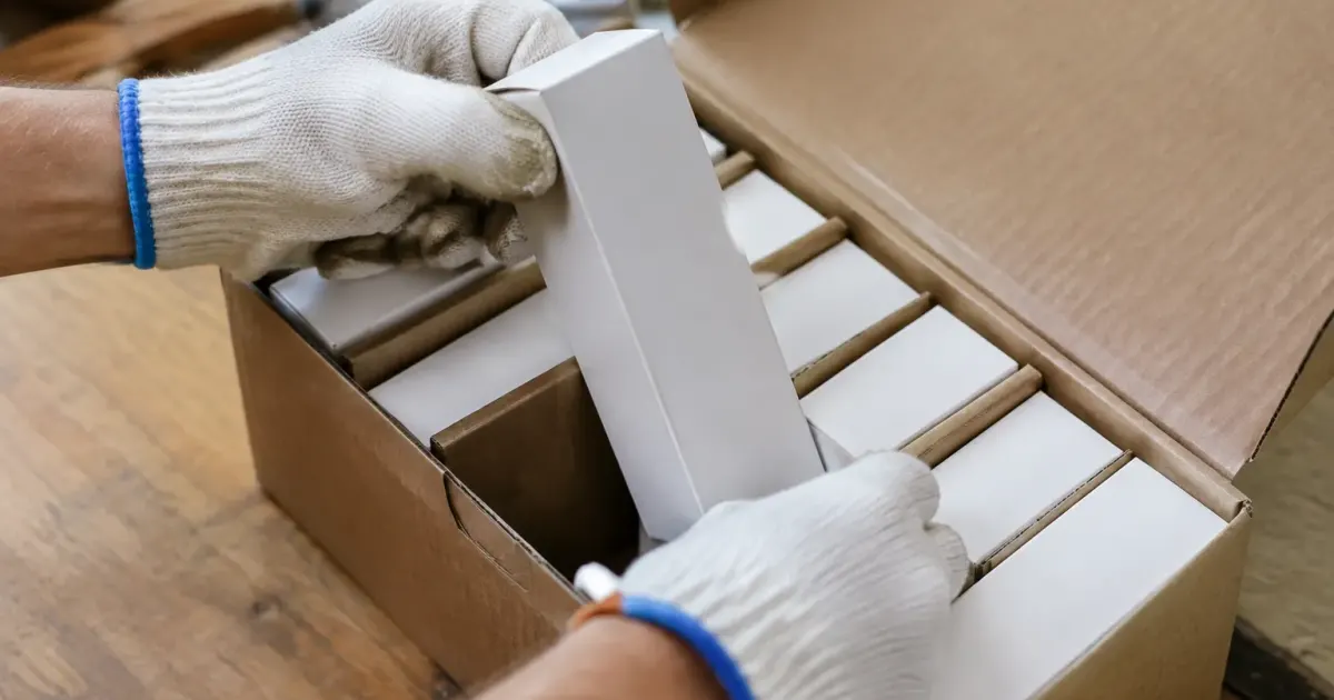 Mains gantees tirant verticalement une cartouche blanche du coffret