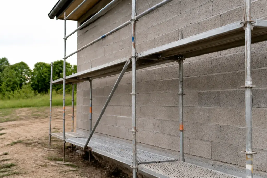 Mur de maison en parpaings et echafaudage metallique