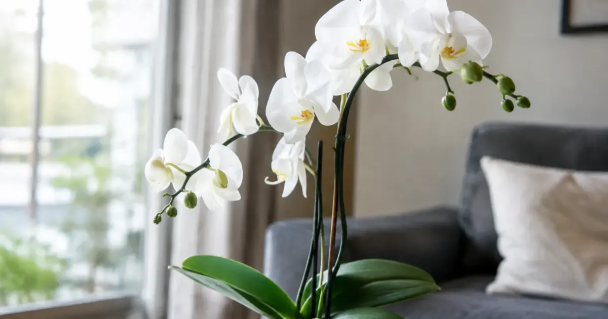 Orchidee blanche en pot tige arquee fleurs eclosies