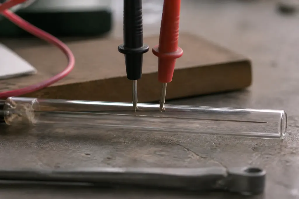 Pointes de multimetre posees sur un tube en verre
