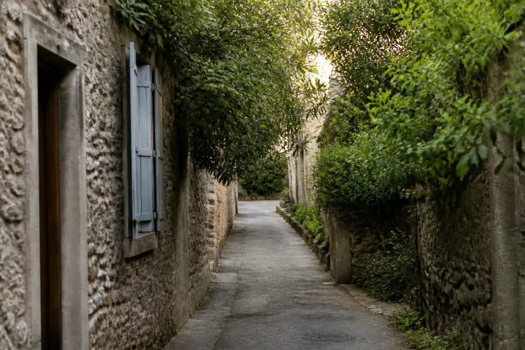 Petite ruelle tranquille batiments anciens pierres arbres