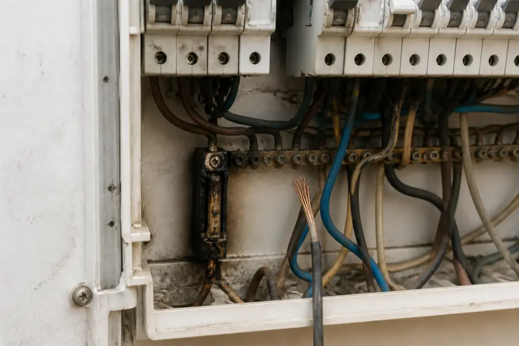 Tableau electrique ouvert avec fusible brule et cable denude