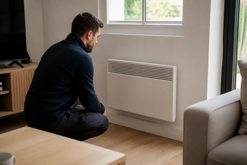 Technicien regarde radiateur electrique mural dans salon lumineux
