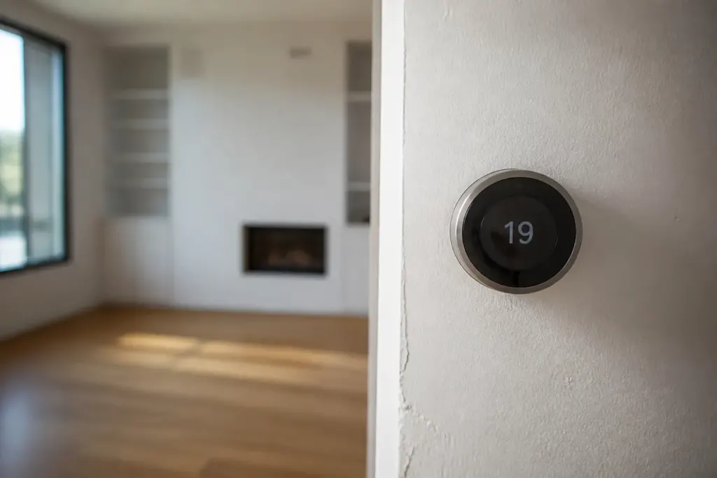 Thermostat mural numerique affichant 19 degres dans salon vide