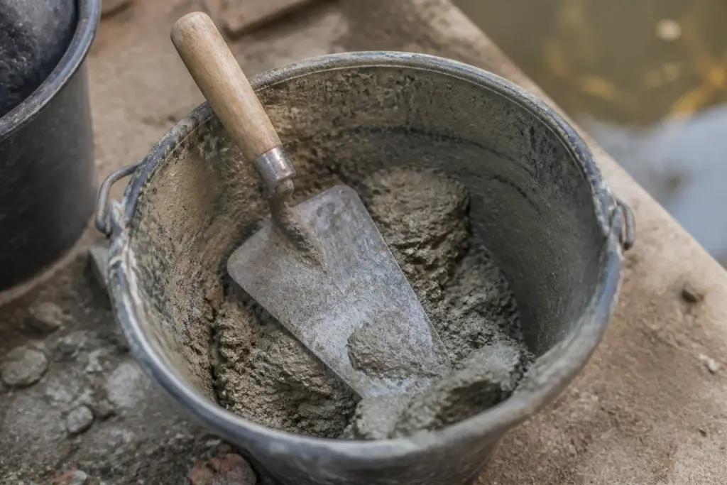 Truelle en acier dans un seau de mortier gris